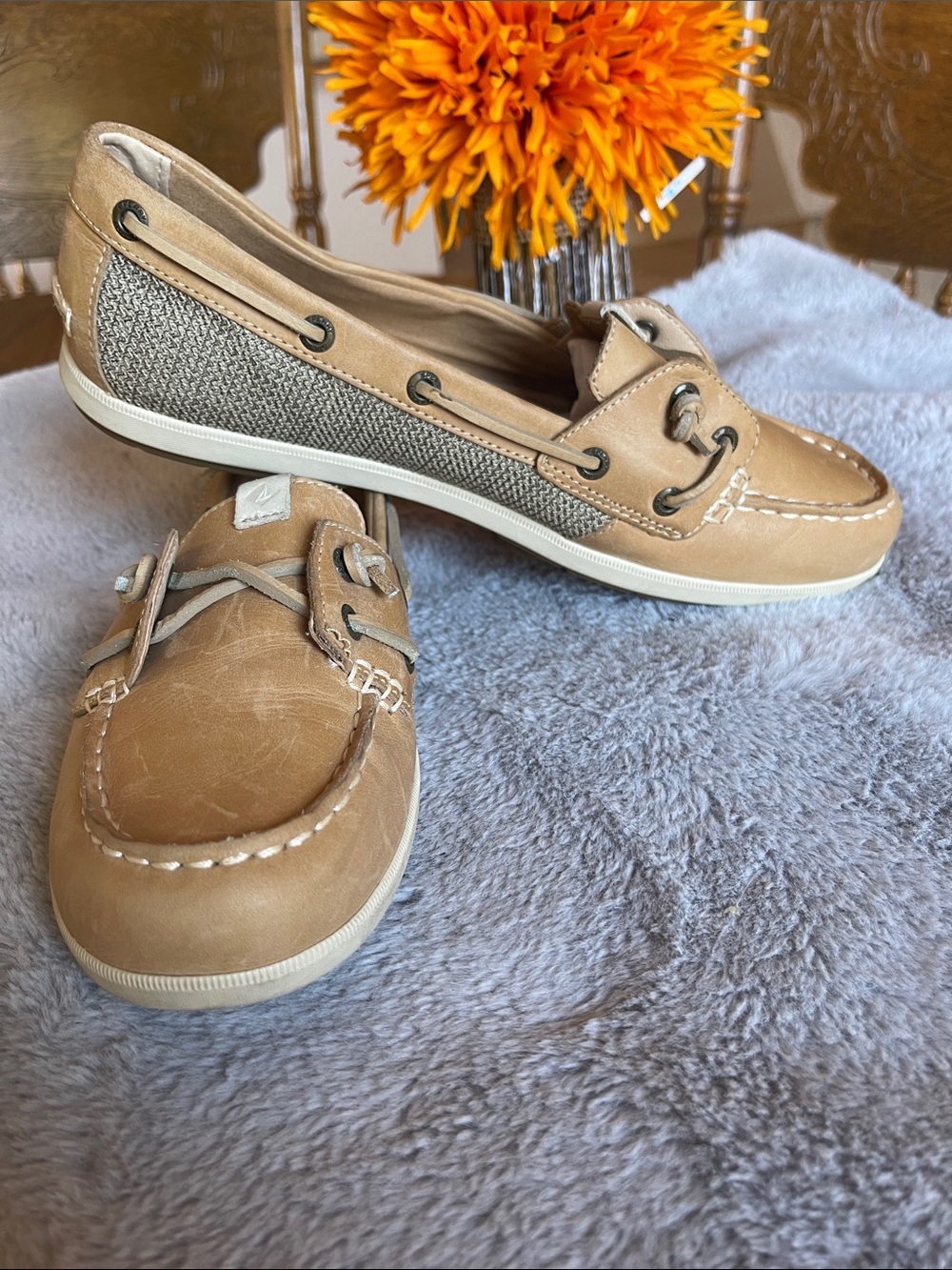 Sperry Tan Leather & Woven Side Boat Shoes
